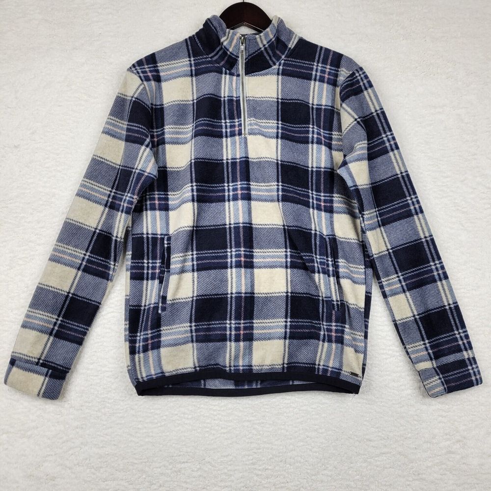 ONeill Sweater Mens Small Blue Ivory Plaid Flannel 1/4 Zip Long Sleeve‎